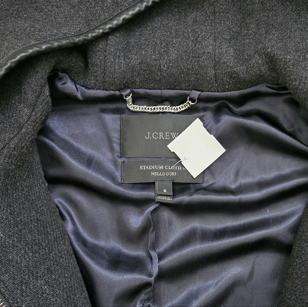 J. Crew Stadium Cloth Dark Gray Wool Blend Hooded Leather Trimmed Coat - Picture 3 of 11